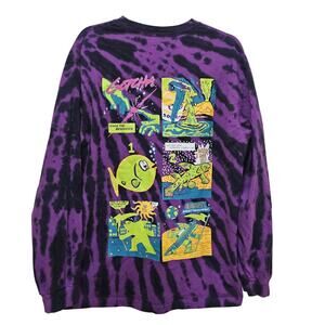 Gotcha Y2K TieDyed XL Purple with fun graphics. Humor. Funny. Surfer. Skateboard
